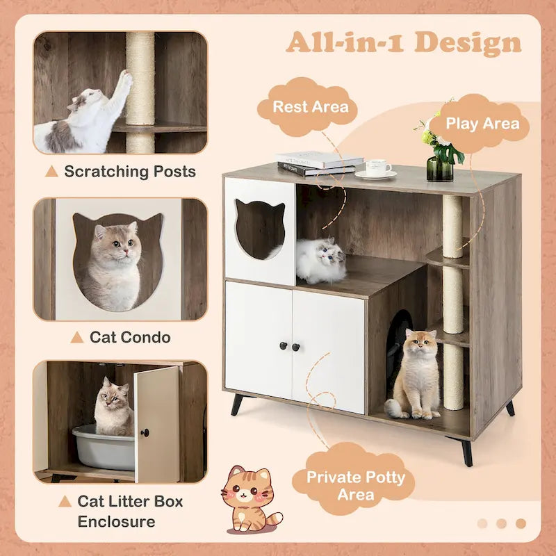Grey & White Wood Top Cat Litter Box Enclosure with Tree Tower, for 1–2 Cats