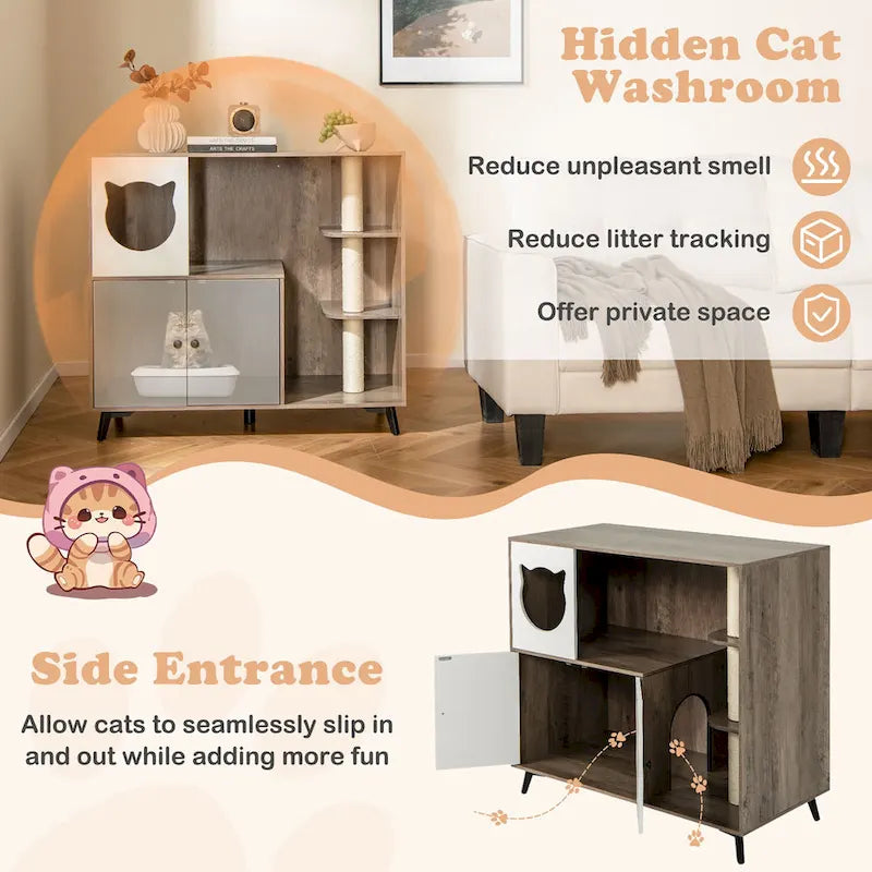 Grey & White Wood Top Cat Litter Box Enclosure with Tree Tower, for 1–2 Cats