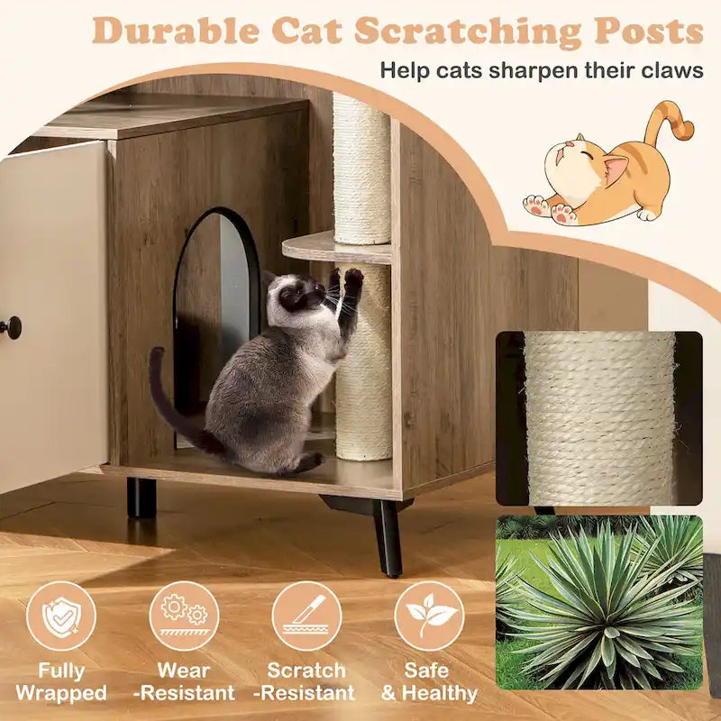 Grey & White Wood Top Cat Litter Box Enclosure with Tree Tower, for 1–2 Cats