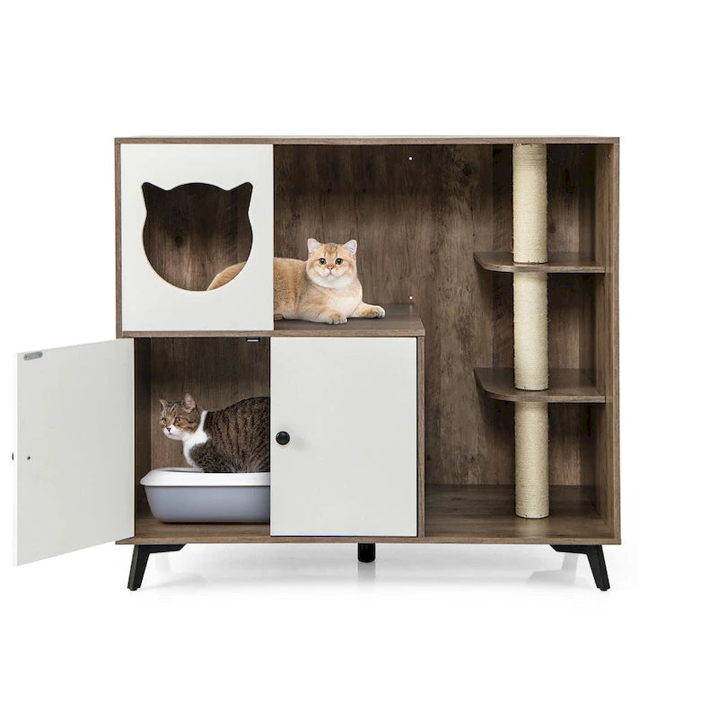 Grey & White Wood Top Cat Litter Box Enclosure with Tree Tower, for 1–2 Cats