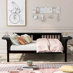 Black Full Size Wooden Daybed with Storage Rack Handrail - No Box Spring Needed