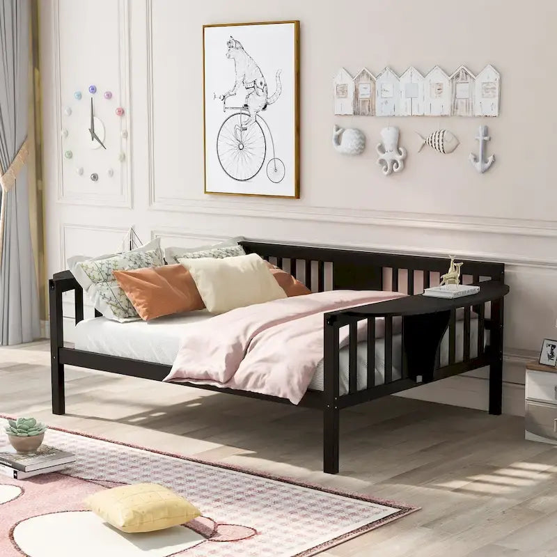 Black Full Size Wooden Daybed with Storage Rack Handrail - No Box Spring Needed