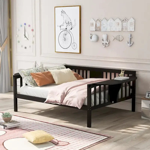 Lit de repos noir en bois pleine grandeur avec main courante porte-revues - Aucun sommier tapissier requis