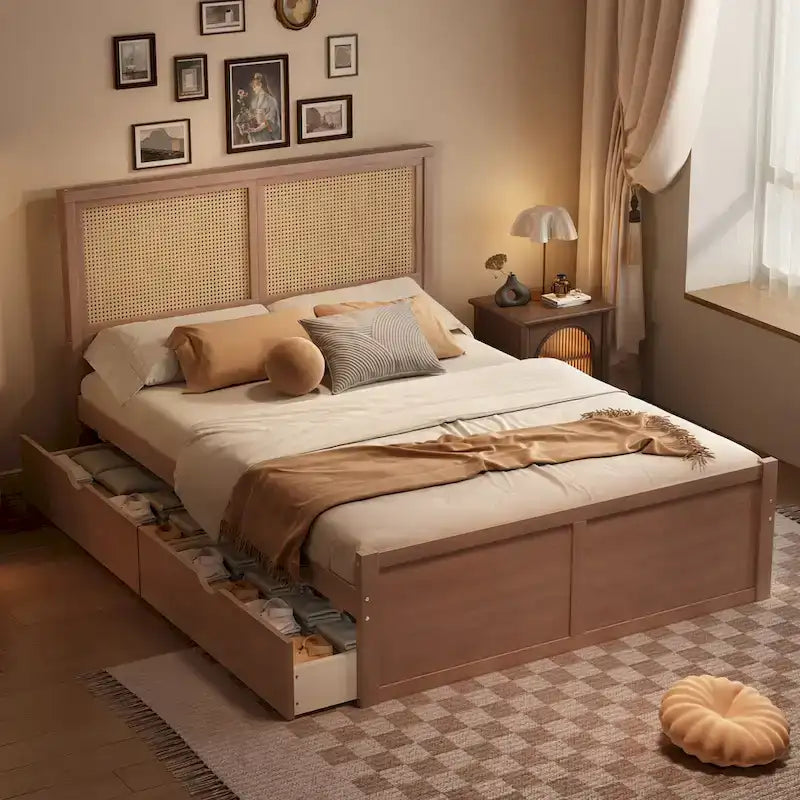 Wood Storage Platform Bed with 4 Drawers & Rattan Headboard
