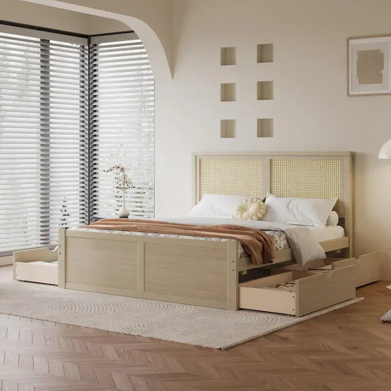 Wood Storage Platform Bed with 4 Drawers & Rattan Headboard