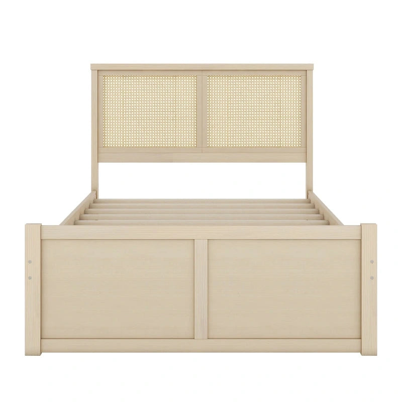 Wood Storage Platform Bed with 4 Drawers & Rattan Headboard