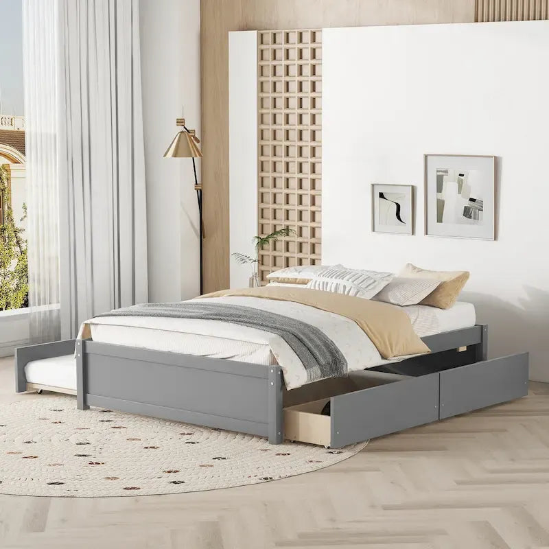 Full Solid Wood Platform Bed with Twin Trundle