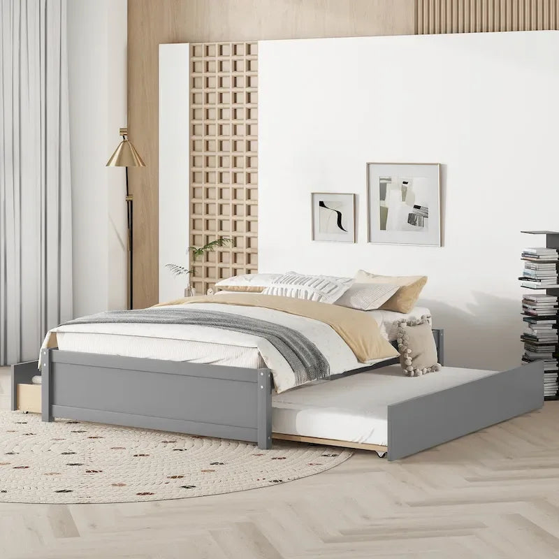 Full Solid Wood Platform Bed with Twin Trundle