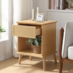Natural Rattan Accent Side Table with Drawer & Charging Station, 1-Person