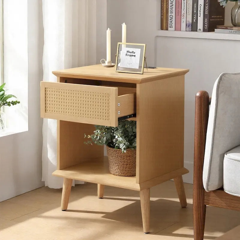 Natural Rattan Accent Side Table with Drawer & Charging Station, 1-Person