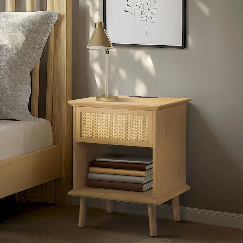 Natural Rattan Accent Side Table with Drawer & Charging Station, 1-Person