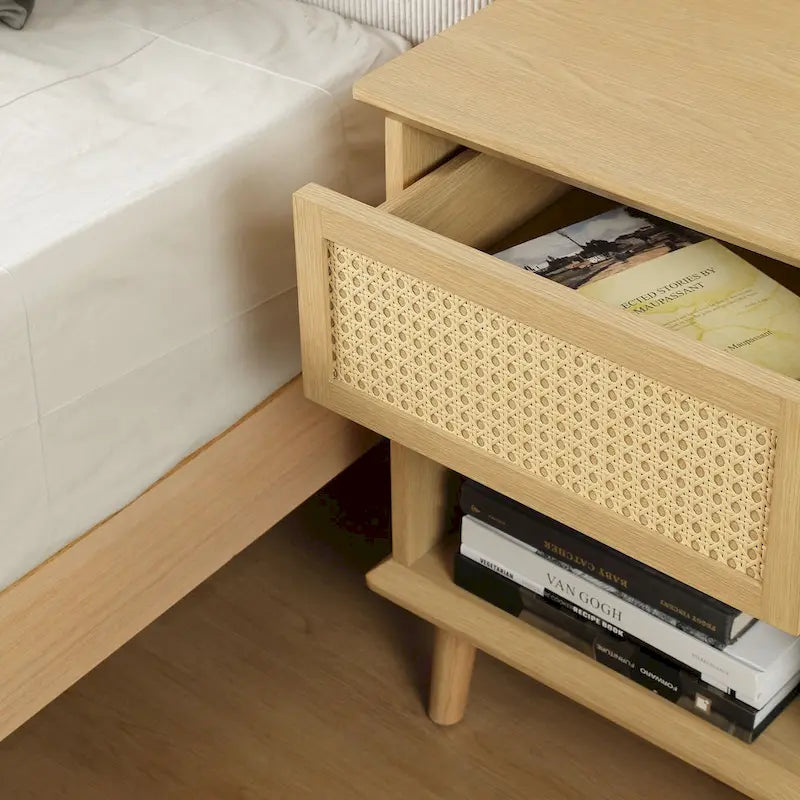 Natural Rattan Accent Side Table with Drawer & Charging Station, 1-Person