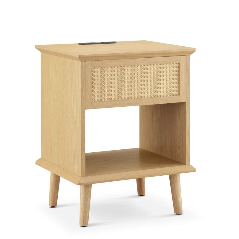 Natural Rattan Accent Side Table with Drawer & Charging Station, 1-Person