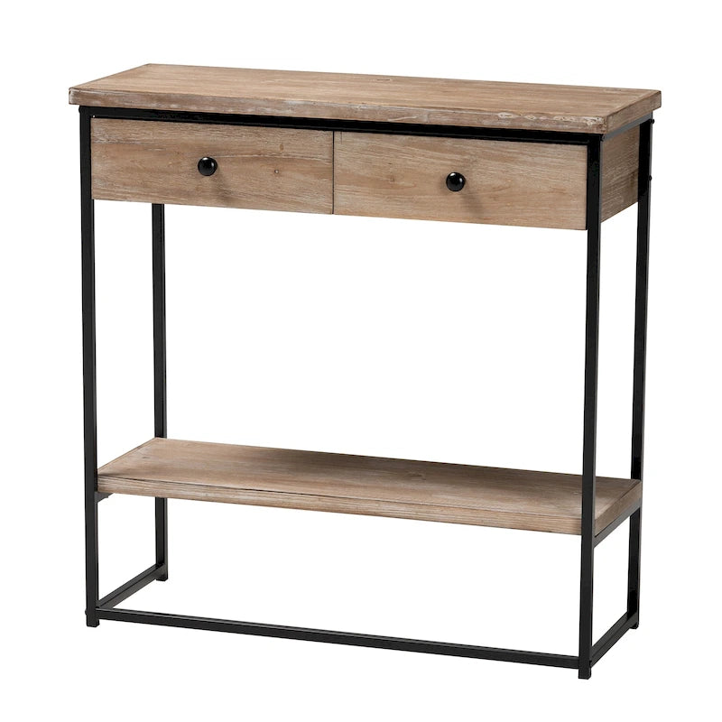 Natural Brown & Black, Industrial Style, 2-Drawer Console Table