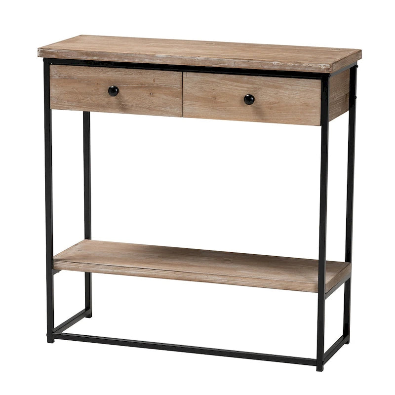 Natural Brown & Black, Industrial Style, 2-Drawer Console Table