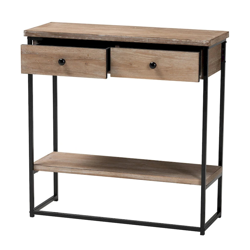 Natural Brown & Black, Industrial Style, 2-Drawer Console Table
