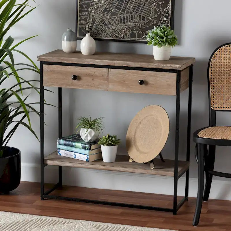 Natural Brown & Black, Industrial Style, 2-Drawer Console Table