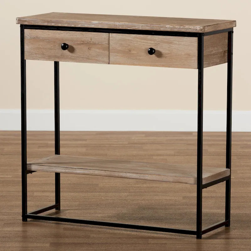 Natural Brown & Black, Industrial Style, 2-Drawer Console Table