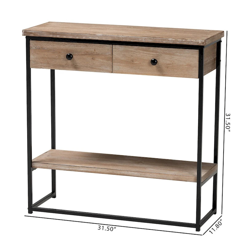 Natural Brown & Black, Industrial Style, 2-Drawer Console Table