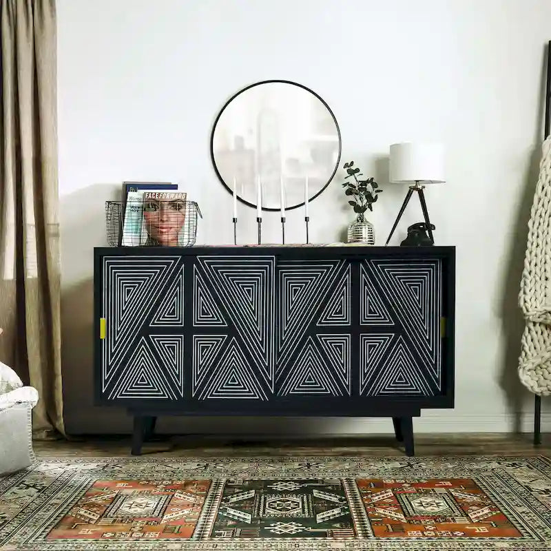 Black & Brown Mid-Century Modern Solid Wood Sideboard Buffet