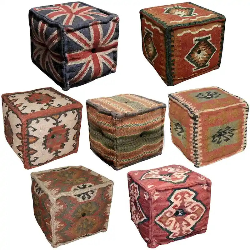Handmade Indo Wool and Jute Kilim Pouf