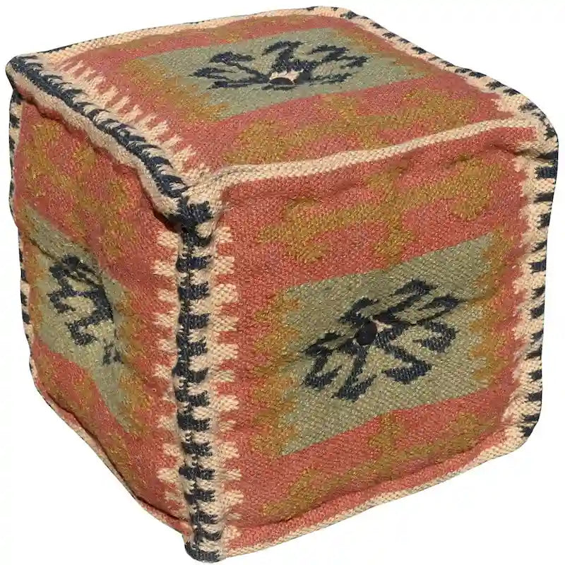 Handmade Indo Wool and Jute Kilim Pouf