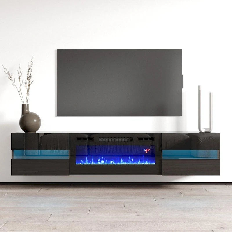 White / Black High Gloss 72" TV Stand with Electric Fireplace Insert