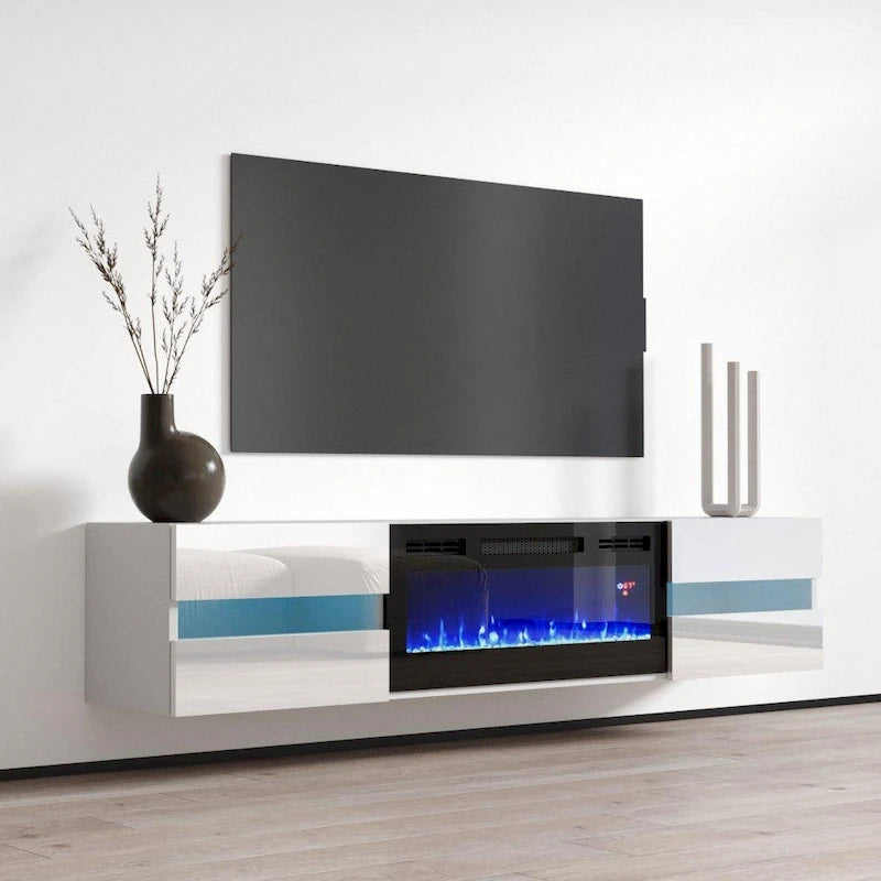White / Black High Gloss 72" TV Stand with Electric Fireplace Insert