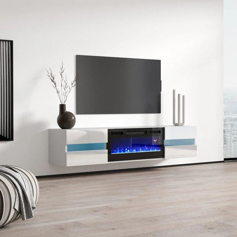 White / Black High Gloss 72" TV Stand with Electric Fireplace Insert