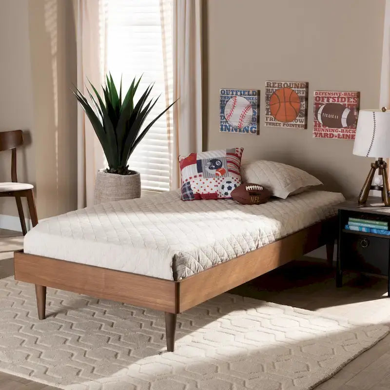 Ash Walnut Twin Platform Bed Frame, Mid-Century Style, 1-Person