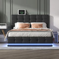 Lit plateforme capitonné avec système de rangement hydraulique, lit de rangement Queen size en PU avec lumières LED et chargeur USB, noir