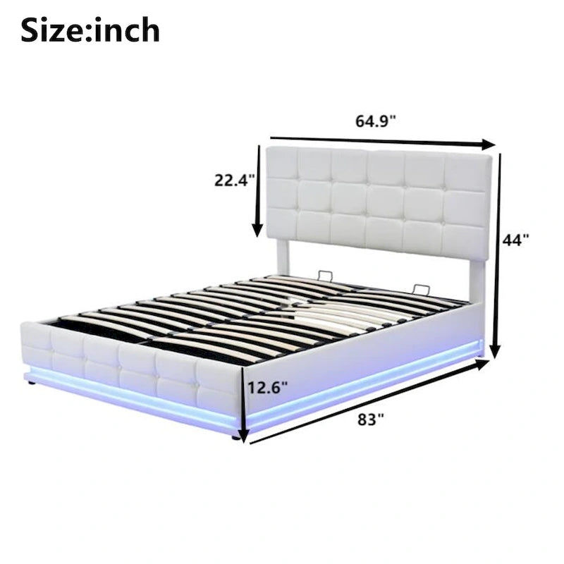 Tufted Upholstered Platform Bed with Hydraulic Storage System,Queen Size PU Storage Bed with LED Lights and USB charger, Black