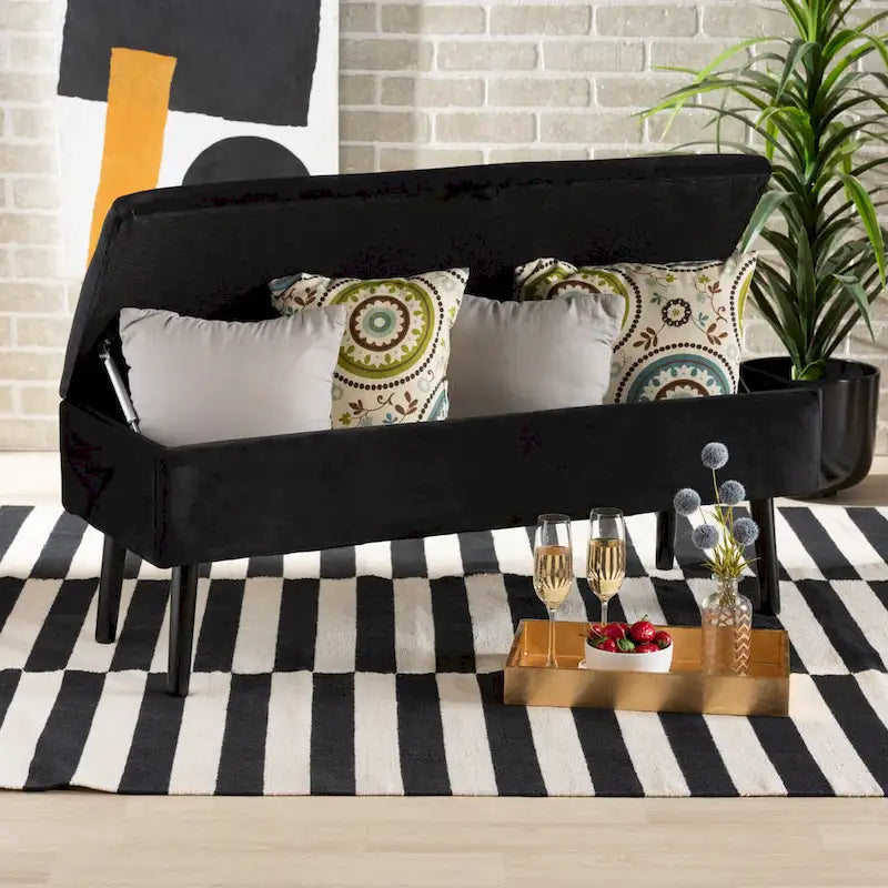 Velvet Button-Tufted Storage Bench, Grey/Green/Navy/Black & Dark Brown, Seats 1