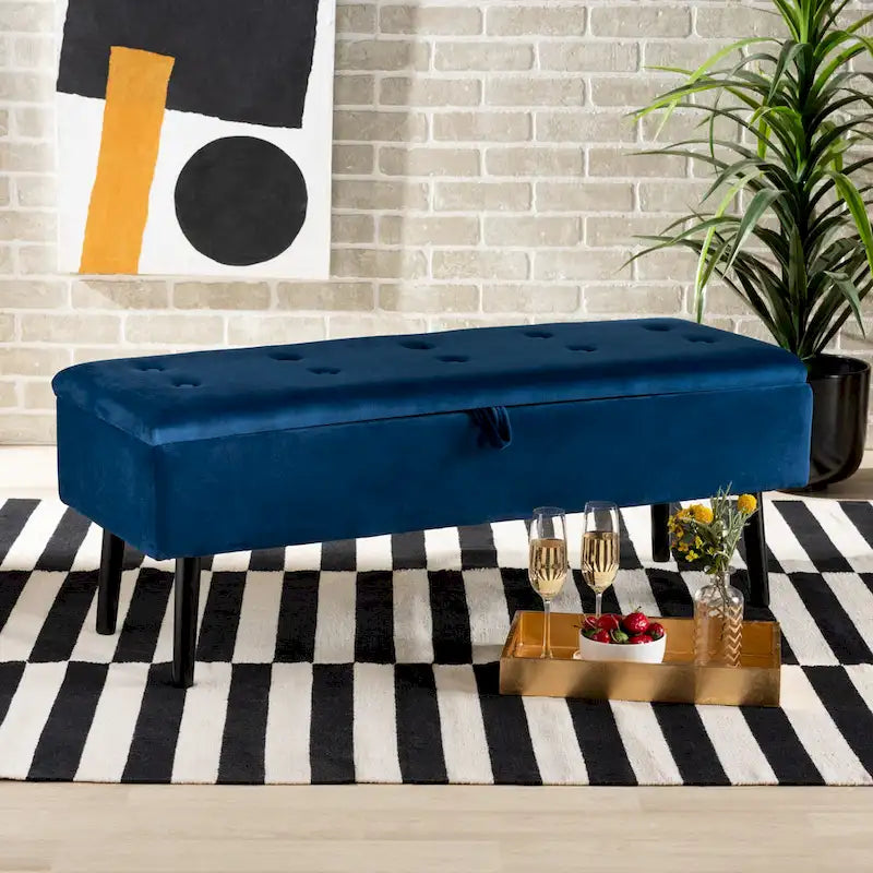 Velvet Button-Tufted Storage Bench, Grey/Green/Navy/Black & Dark Brown, Seats 1