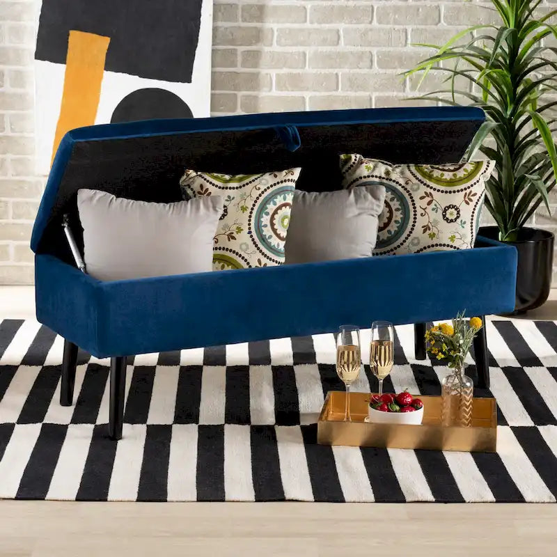 Velvet Button-Tufted Storage Bench, Grey/Green/Navy/Black & Dark Brown, Seats 1