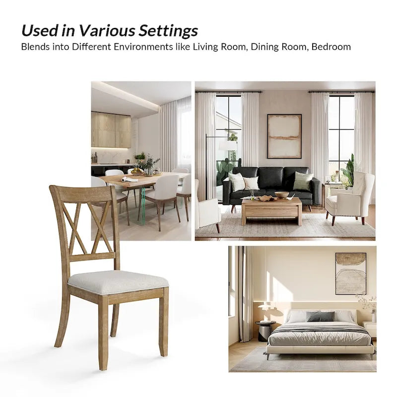 Natural Solid Wood Dining Chair, Cross-Back Farmhouse Style, Set of 2