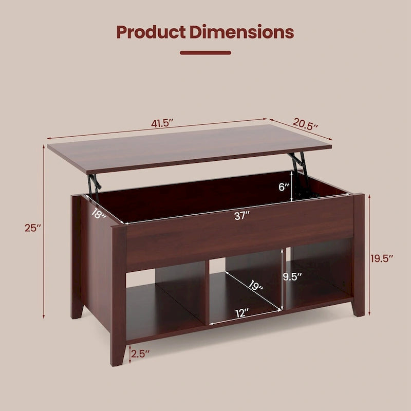 Brown Lift Top Coffee Table with Hidden Compartment, 1-Person