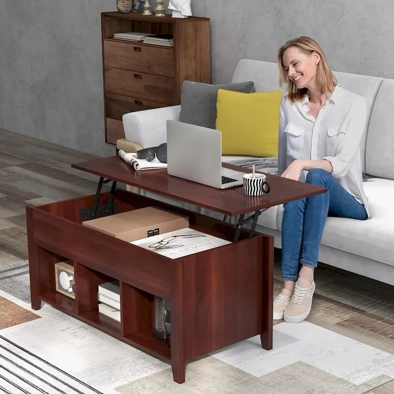 Brown Lift Top Coffee Table with Hidden Compartment, 1-Person