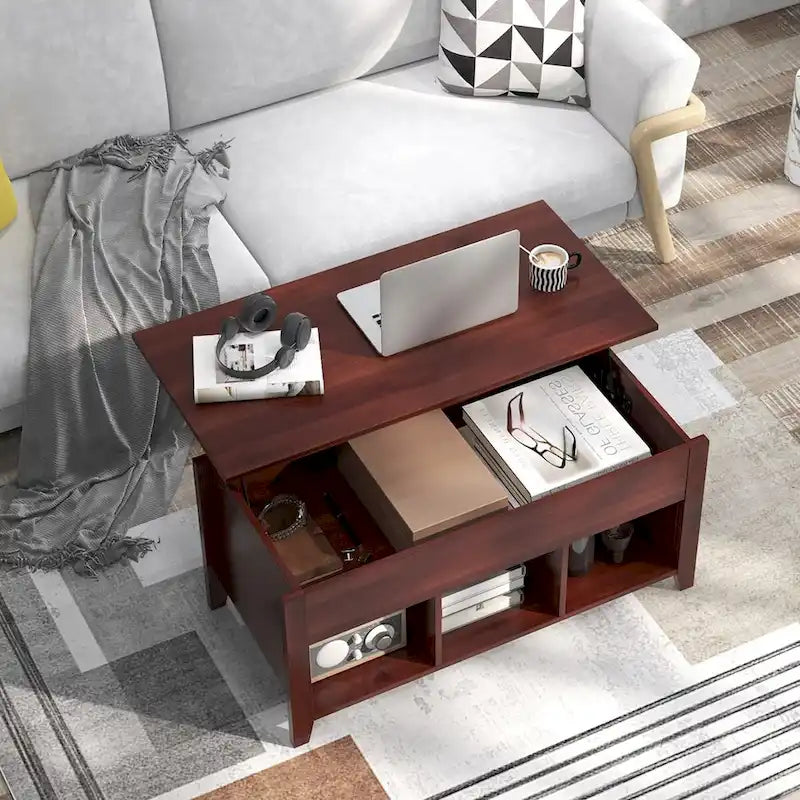 Brown Lift Top Coffee Table with Hidden Compartment, 1-Person