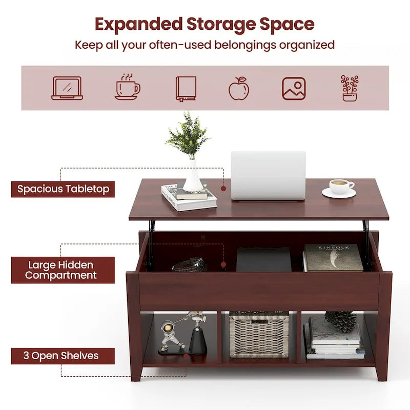 Brown Lift Top Coffee Table with Hidden Compartment, 1-Person