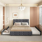 Queen Size Upholstered Linen Fabric Trundle Bed with Drawers, Queen Size Bed