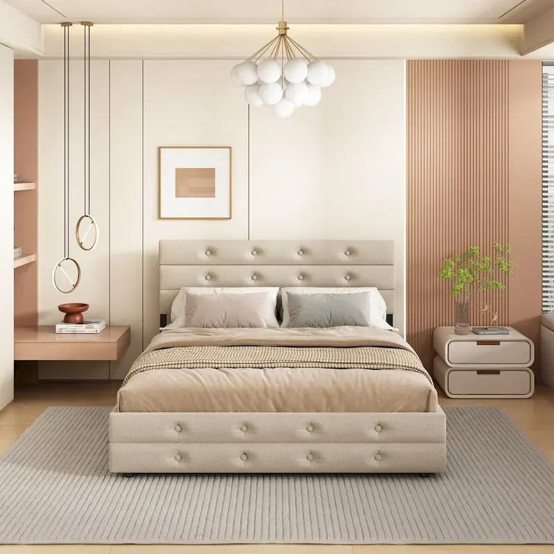 Queen Size Upholstered Linen Fabric Trundle Bed with Drawers, Queen Size Bed