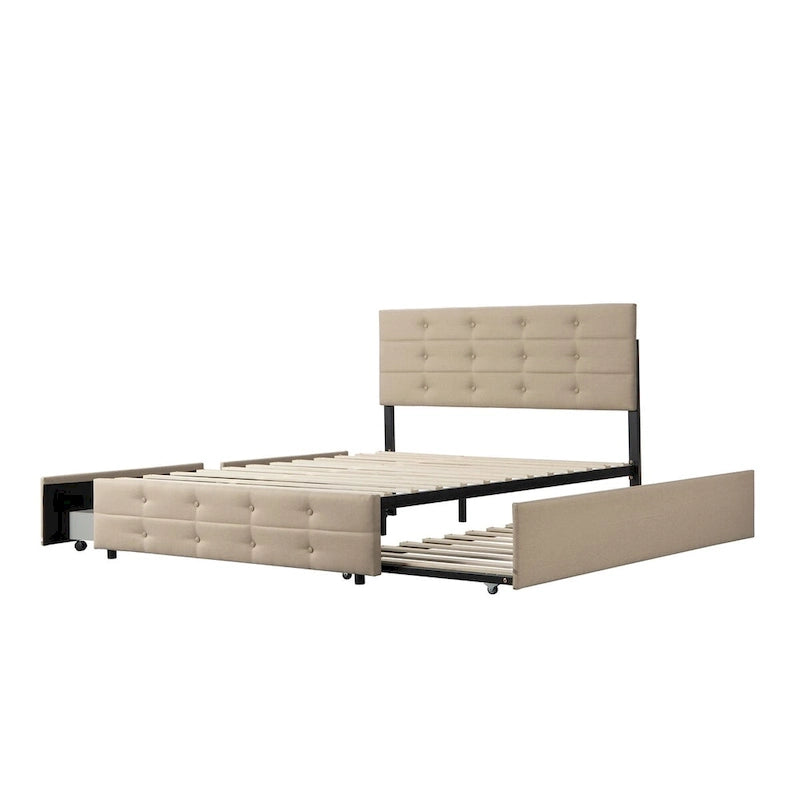Queen Size Upholstered Linen Fabric Trundle Bed with Drawers, Queen Size Bed