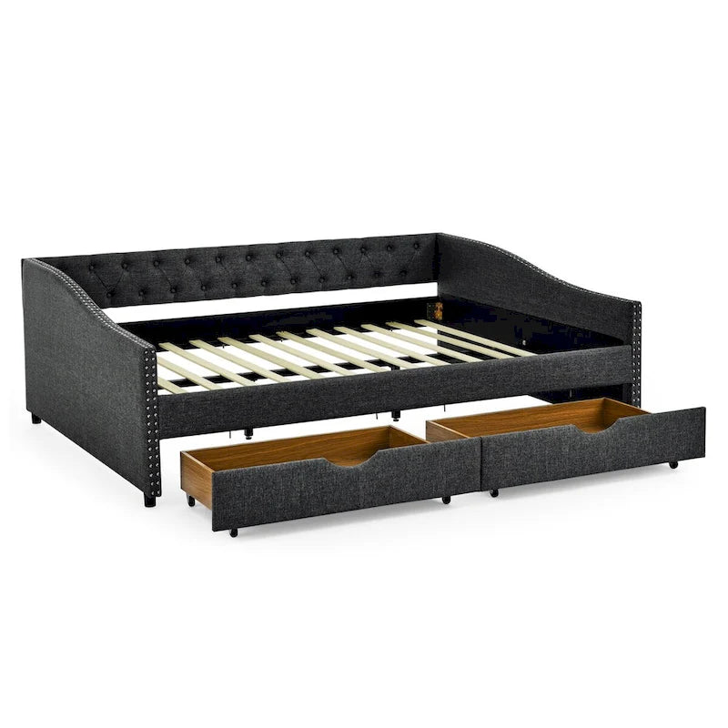 Queen Size Daybed with Upholstered Tufted Sofa Bed with Button on Back and Copper Nail on Waved Shape Arms(84.5x63.5x26.5)