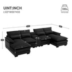 Modern U-shaped Sofa with Console,Cupholders and USB Ports,6-seat Upholstered Symmetrical Indoor Furniture,Black