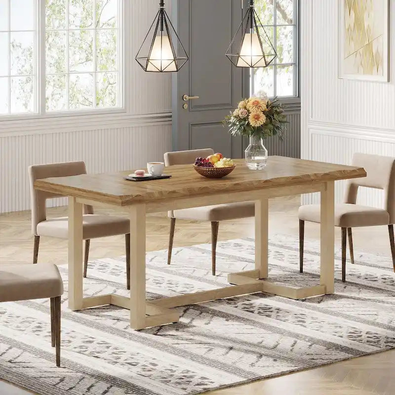 63-Inch Rectangular Dining Table with Solid Wood Leg and Thick Table Top for 4-6 People