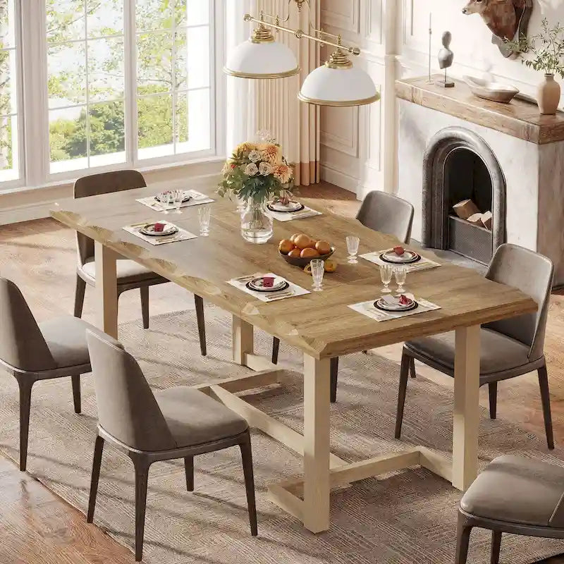 63-Inch Rectangular Dining Table with Solid Wood Leg and Thick Table Top for 4-6 People