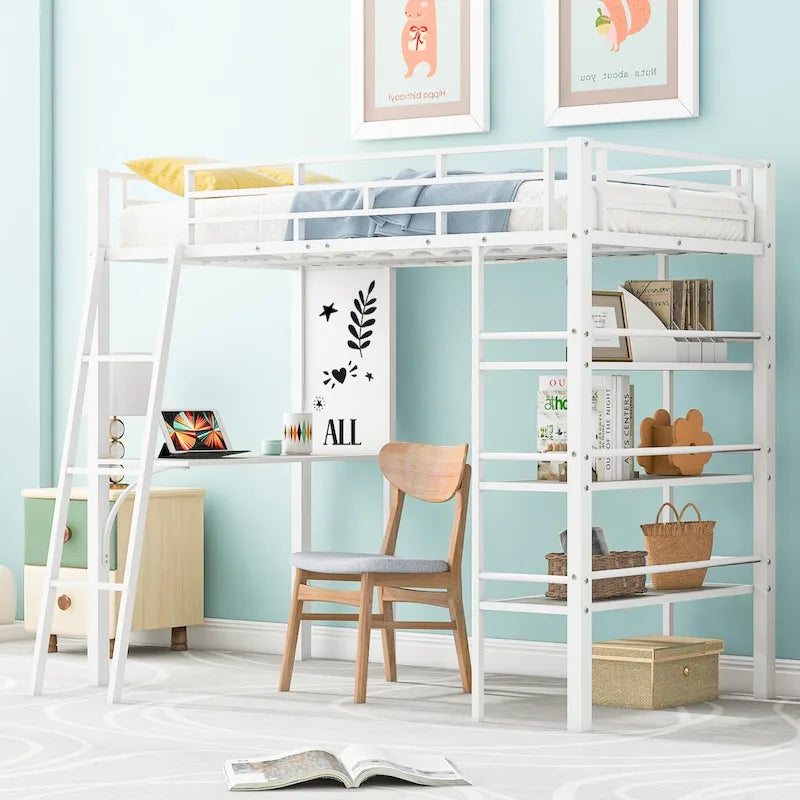 Twin Size Loft Metal Bed with 3 Layers of Shelves and Desk