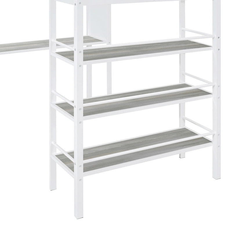 Twin Size Loft Metal Bed with 3 Layers of Shelves and Desk