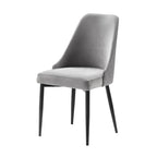 Gray Velvet Dining Chair with Curved Back, Black Metal Legs, Set of 2